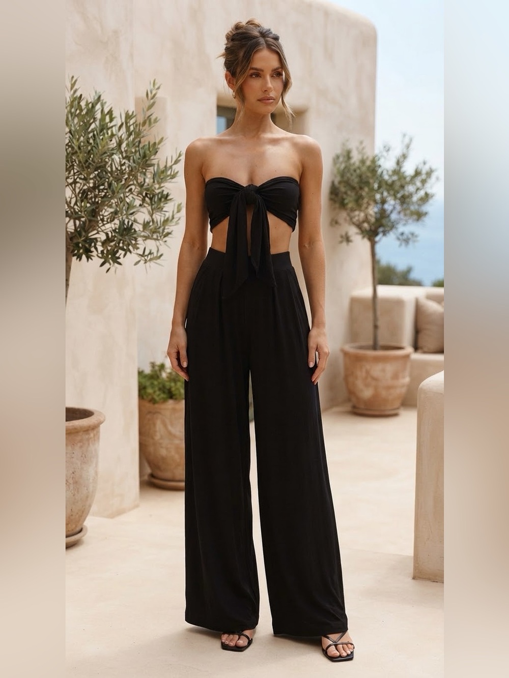 Women’s Black Tory Two Piece with Self-Double Layer Wide Leg Pants Small